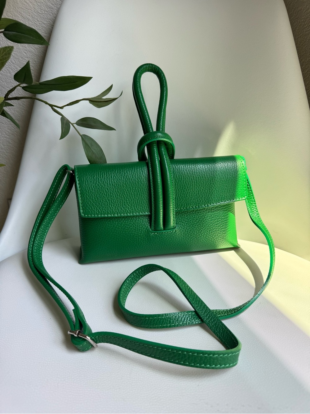 Italian Leather Knot Handle Clutch Crossbody Bag Kelly Green Minimalist